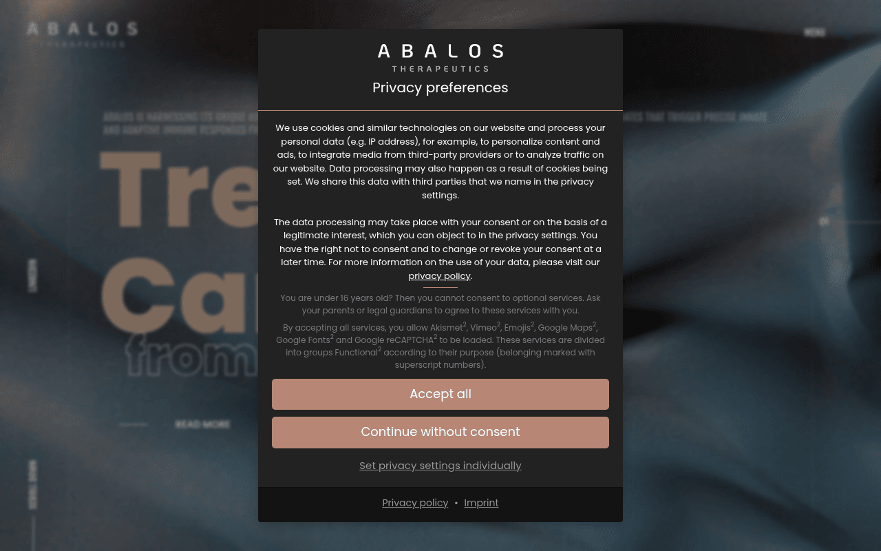 Abalos Therapeutics website preview
