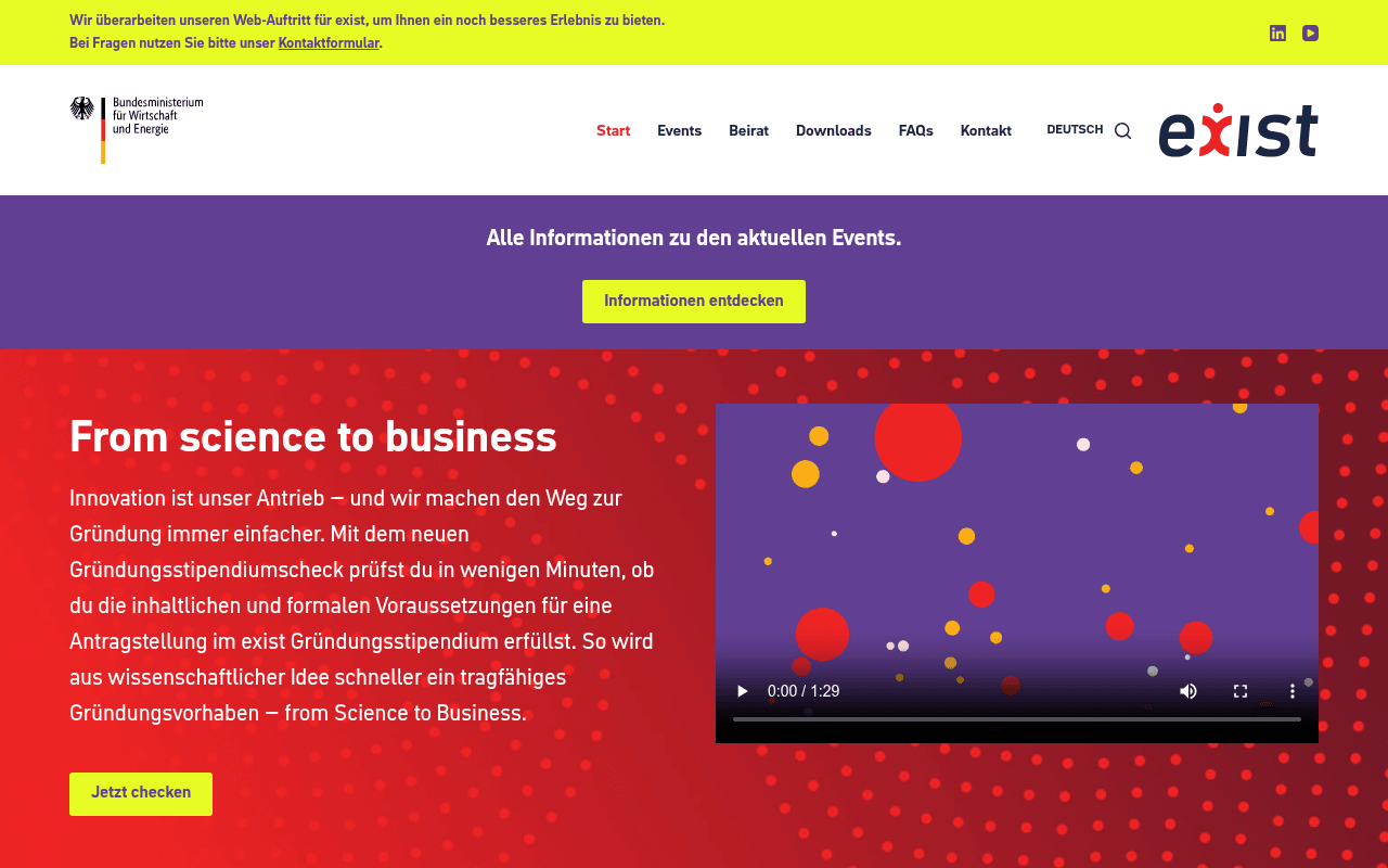 EXIST – Existenzgründungen aus der Wissenschaft website preview