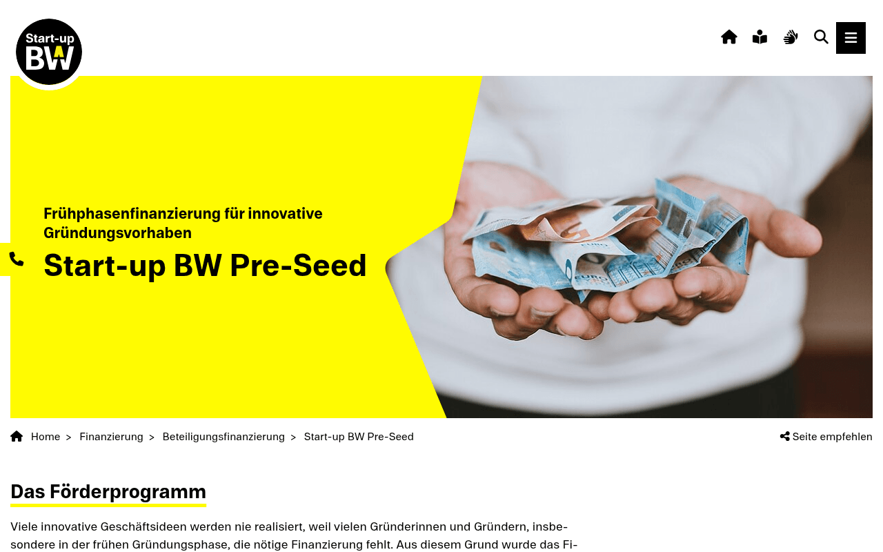 Start-up BW Pre-Seed website preview
